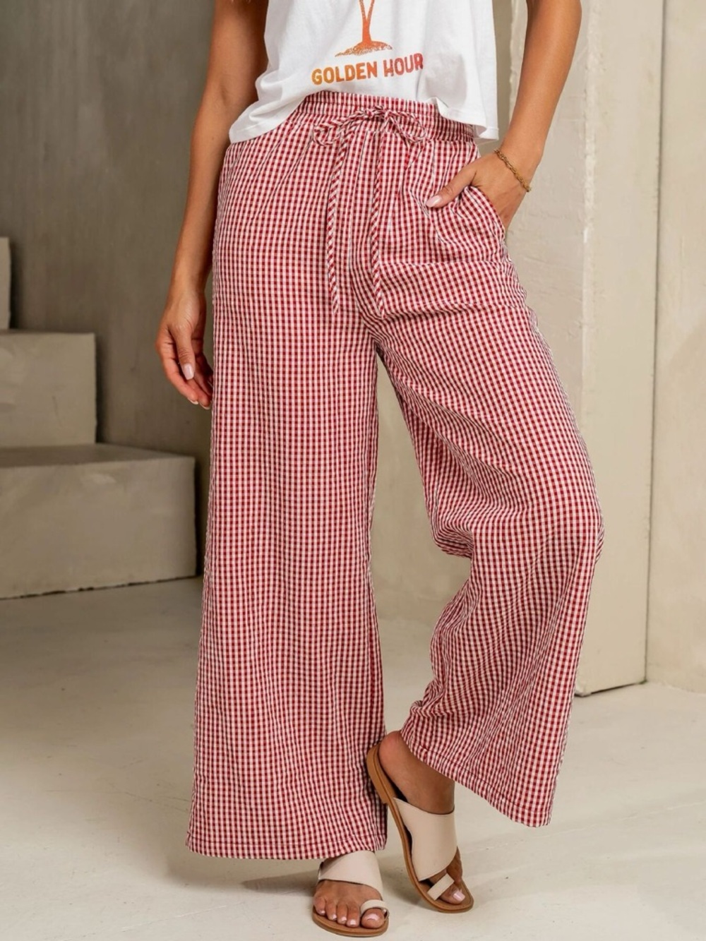 Trindy Clozet Boutique Red Gingham Wide-Leg Pants - Picture 2 of 10